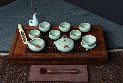 正品汝窑双扛壶罗汉杯茶具套装 整套开片汝瓷陶瓷功夫茶具 配小花瓶